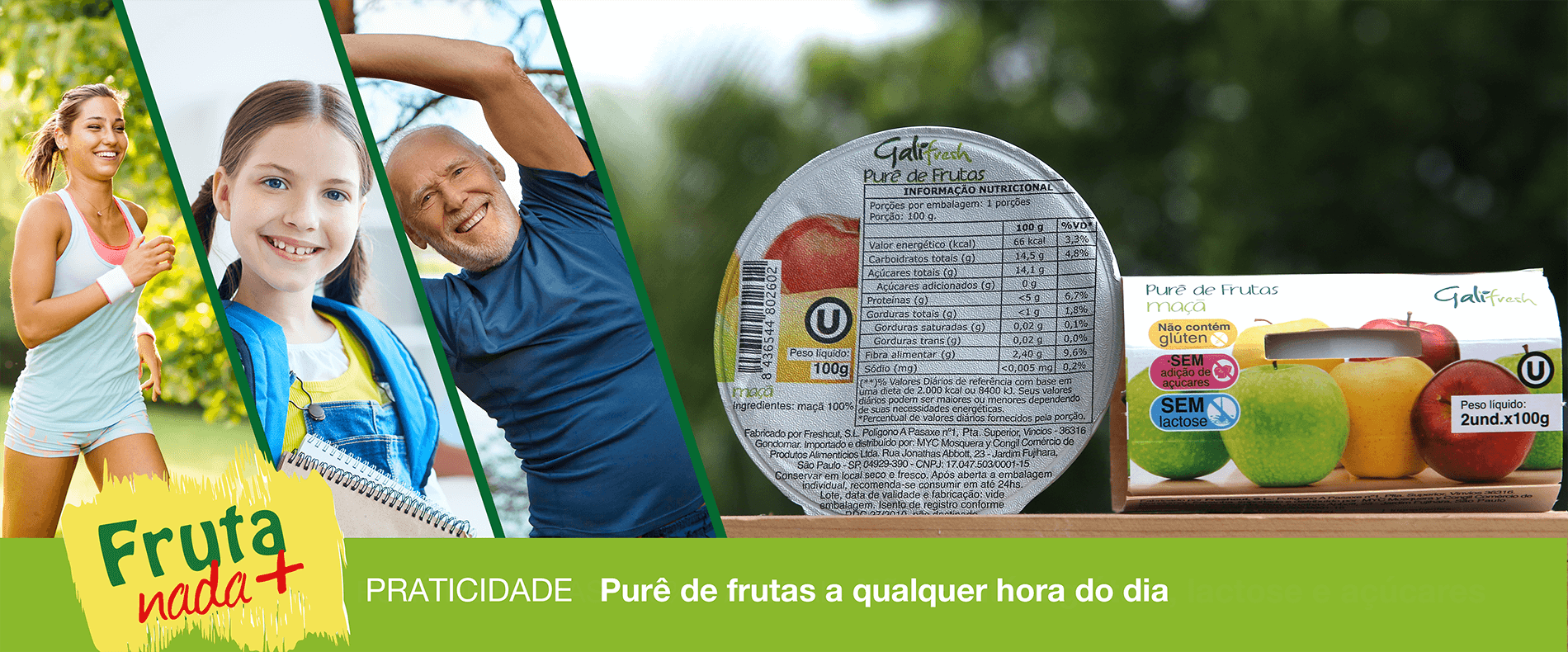 Banner - Purê de frutas 100% natural. Não contém glútem, lactose e açúcares