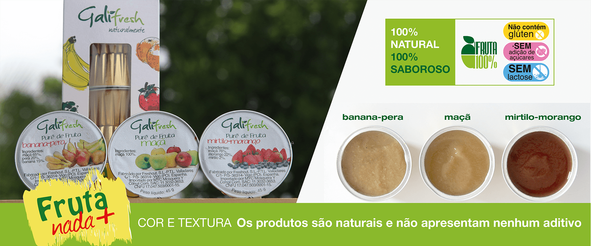 Banner - Purê de frutas 100% natural. Não contém glútem, lactose e açúcares