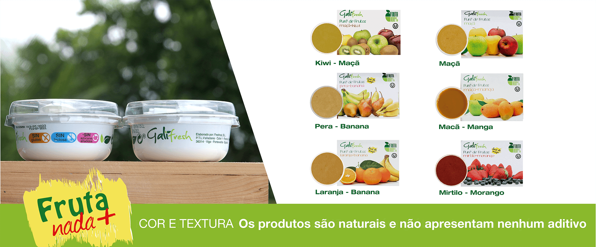 Banner - Purê de frutas 100% natural. Não contém glútem, lactose e açúcares